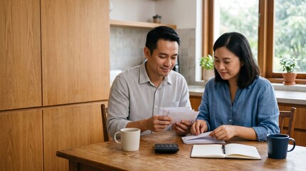 Obraz premium Couple planning household budget at kitchen table with envelopes