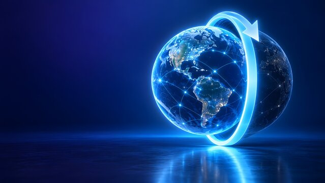 Illuminated earth globe at night with network nodes and large glowing blue arrow representing global communication and worldwide logistics.
