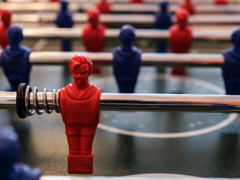 Vibrant foosball table details and player figures