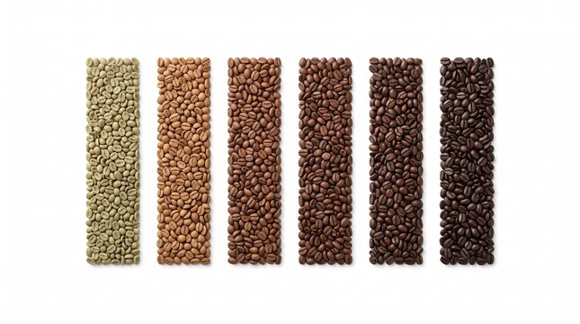 Six Vertical Rows of Coffee Beans by Roast Level