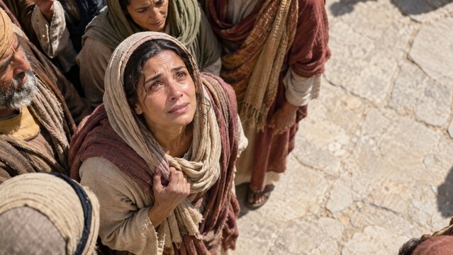 A distressed woman with tears on her face looks upward in a crowd. She wears traditional clothing in a historical setting. This image evokes powerful emotions like sorrow, pain, and hope