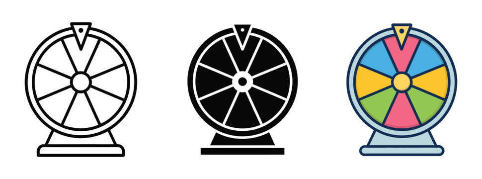 Lucky wheel prize draw icons, random selection, reward campaigns, interactive games, promotional events, contest prizes, spin wheel symbols, vector illustration

