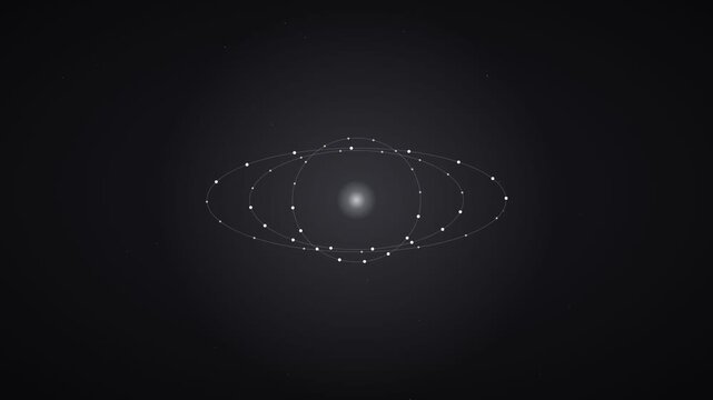 Silver on black orbiting particle shells animation, abstract motion background with no text