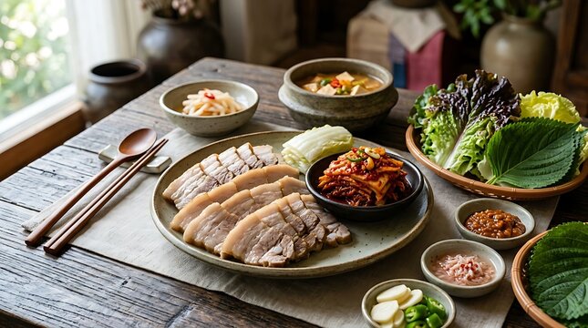 Bossam featuring tender boiled pork slices is paired with spicy kimchi and fresh green lettuce wraps.