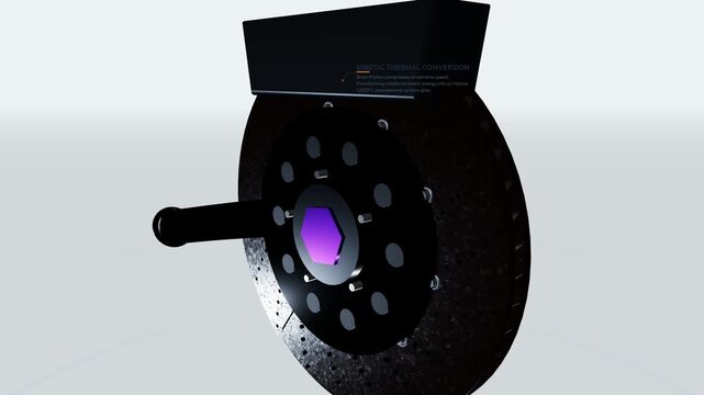 3D animation of a carbon ceramic disc brake system, visualizing kinetic thermal conversion, high-temperature structural stability, ventilation channels, and continuous heat dissipation equilibrium