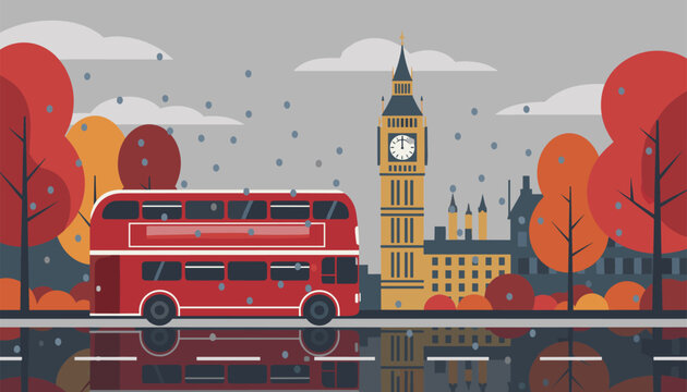 Double decker bus travels along a street in London with Big Ben visible in the distance during a winter snowstorm with colorful trees.