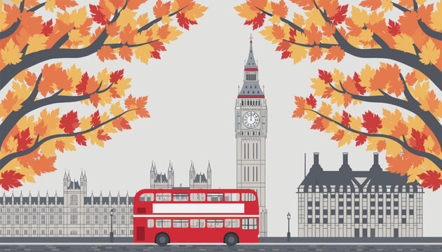 Iconic red double decker bus drives past the Big Ben clock tower in London during the autumn season with colorful yellow orange leaves.