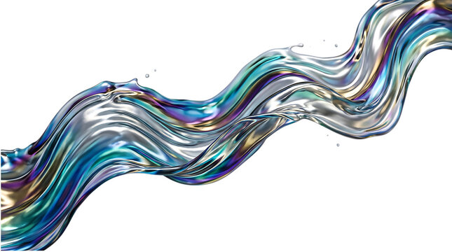 Iridescent liquid wave on black background, shimmering colors, abstract design PNG with transparent background