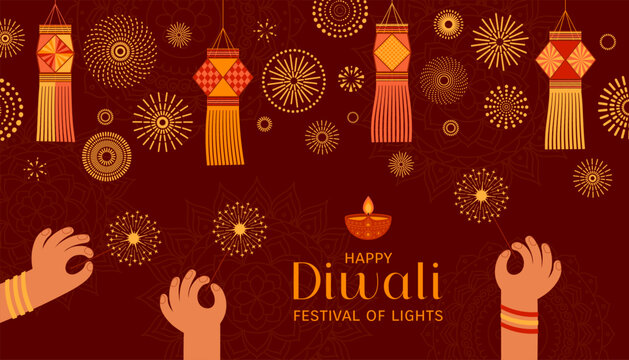 Diwali burning diya oil lamp, kandil paper lanterns, rangoli pattern, hands holding sparklers, fireworks illustration. Indian festival of lights, Dipavali beautiful design with text. Vector elements