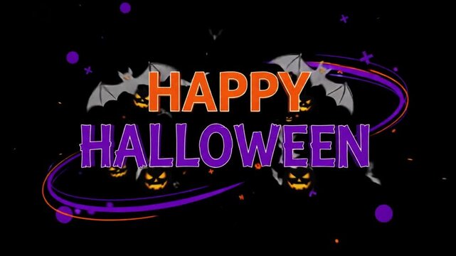 Happy halloween Text Animation. Orange and purple with bats with animated seasonal icons icons black Halloween party, banner, social media feed, glowing Video.