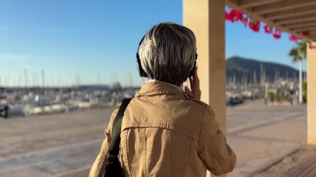 Mujer +50 poni&eacute;ndose los auriculares mientras pasea por el puerto