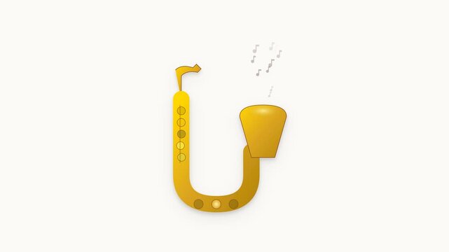 A polished flat vector illustration of a gold saxophone featuring rhythmic key movements, a luminous bell glow, and floating musical notes in a seamless five-second loop.