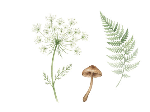 Watercolor white umbellifer flower with brown mushroom and fern frond on black background