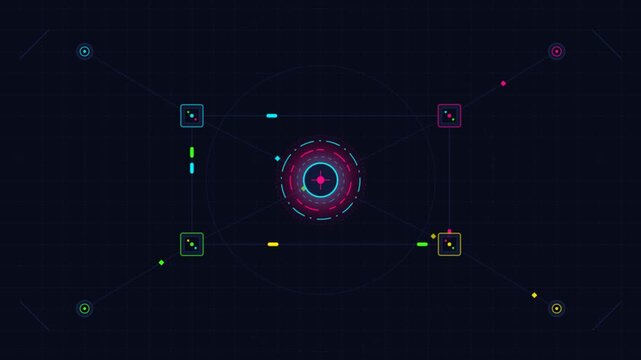 Futuristic HUD interface animation, high-tech digital data visualization on dark background, sci-fi motion graphics for cyberpunk UI design