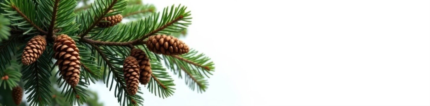 Lush pine bough laden with mature cones, sharp detail against pure white, stock photo, winter