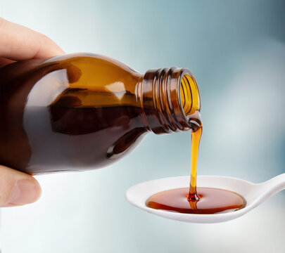Amber medicinal syrup is being poured from a glass bottle onto a white spoon