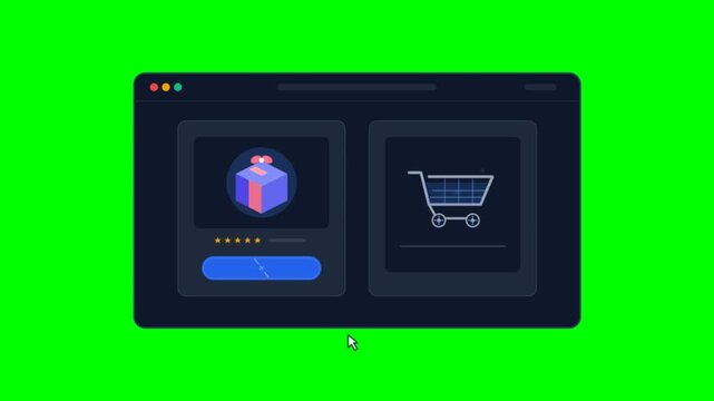 E-commerce website interface animation on green screen, online shopping store browser window with gift box and cart icons, digital marketplace UI design