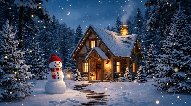 Cozy winter scene with a charming rustic cabin, snow falling, snowman, and warm glowing lights under a starry night sky