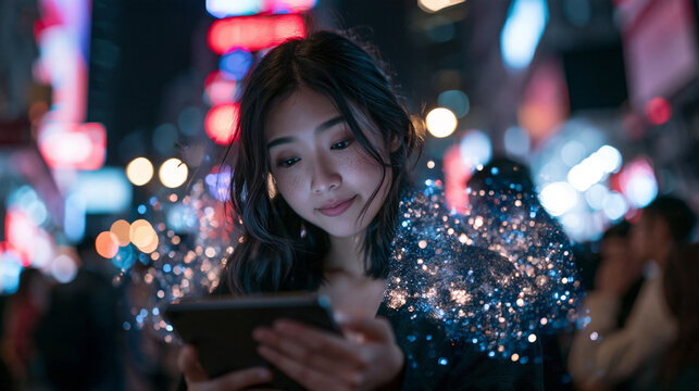 Asian Woman Using Smartphone in Neon City at Night