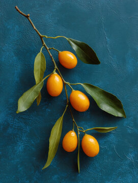  Fresh kumquat branch on textured blue background for premium citrus branding, organic food packaging, wellness campaigns, and seasonal editorial design