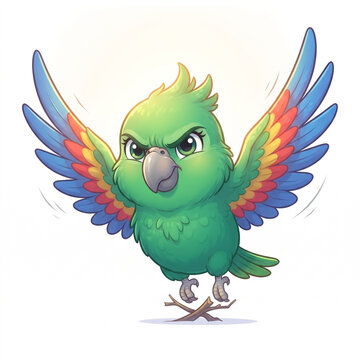 Cute cartoon parrot spreading wings to fly colorful bird character illustration for children books