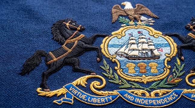 Close-Up of Embroidered Pennsylvania State Flag Coat of Arms