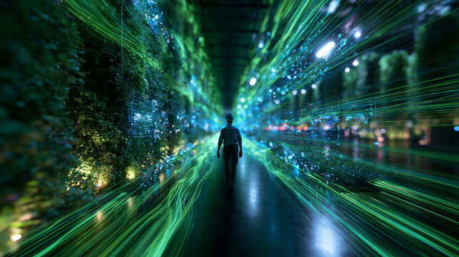 Man Walking Through Futuristic Green Technology Data Corridor