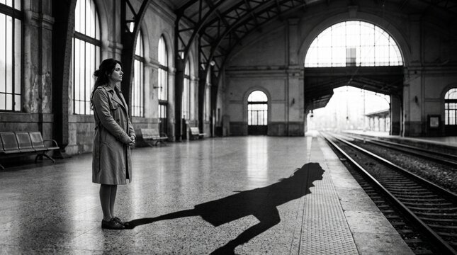 Woman and Shadow at Train Station Platform