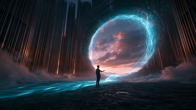 Futuristic Glowing Portal Opening into Sunset Sky in Sci-Fi Landscape