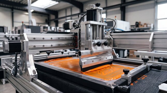 Automated Screen Printing Machine Applying Orange Ink on Textile