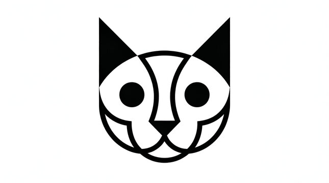 Minimalist Black and White Stylized Cat Face Icon Logo Halloween Illustration