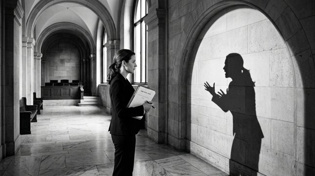 Woman confronting her shadow in a courthouse hallway