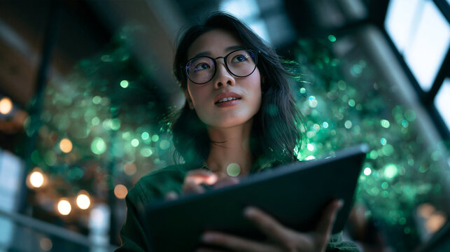 Asian Businesswoman Using Digital Tablet in Modern Office