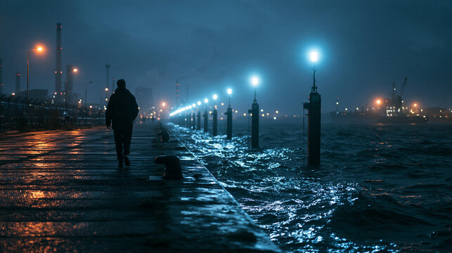 Silhouette of Person Walking Along Harbor Pier at Night
