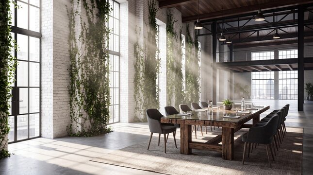 Modern Eco-Friendly Boardroom in Sunlit Industrial Loft