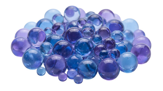 Colorful transparent gel balls in shades of blue and purple on a transparent background, PNG with alpha channel