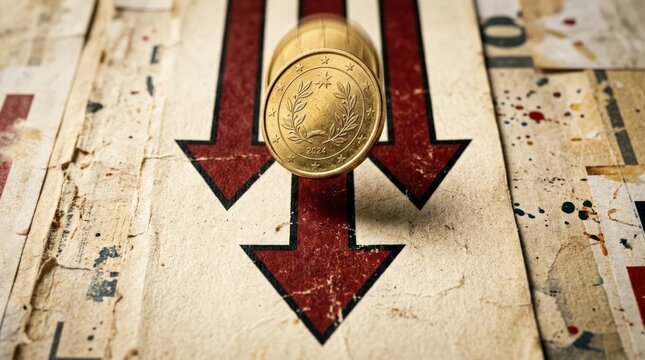 A close up digital art illustration depicting trading money loss with a gold coin rolling downwards over vintage paper background featuring red arrows, underscoring the falling