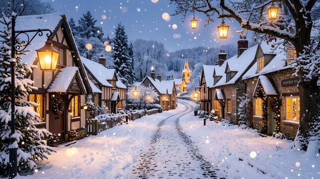 Charming snowcovered english village street at twilight with glowing lanterns, festive decorations, and a distant church spire during a gentle snowfall