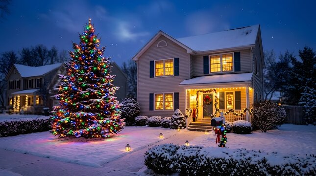Beautiful suburban house decorated for christmas with a large, brightly lit colorful tree in the snowy front yard at night