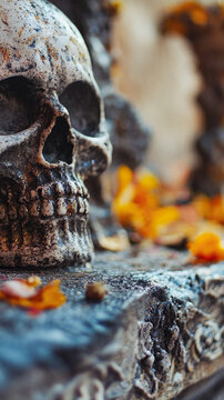A human skull sits atop a stone bench, often used as a symbol or decoration vertical frame