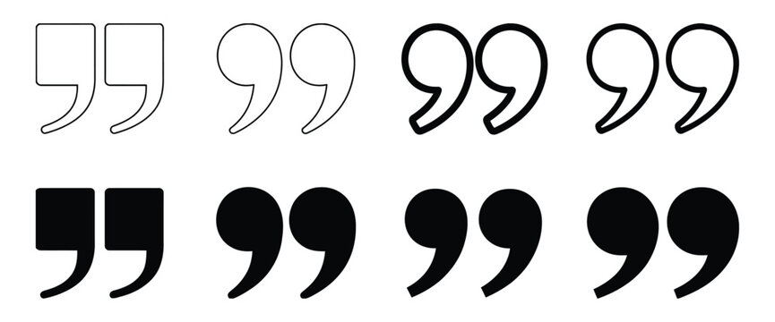 Quotation mark vector icon collection, double quote, inverted comma, speech marks, solid and outline typography symbols, writing, publishing, communication design

