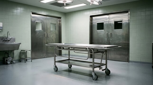 A stainless steel autopsy table stands in a sterile morgue room where expired medication might be processed, featuring tiled walls, metal doors, and clinical lighting