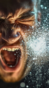 A person startled by water splashing in their face, suitable for use in scenes about surprise or reaction vertical frame