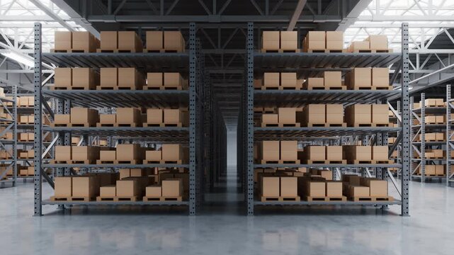 Store shelves with boxes goods in the warehouse, 3d rendering.