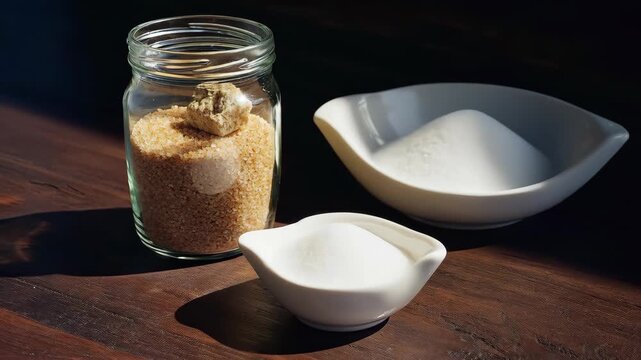 Selection of Brown Sugar in a Jar and White Sugar in Ceramic Bowls