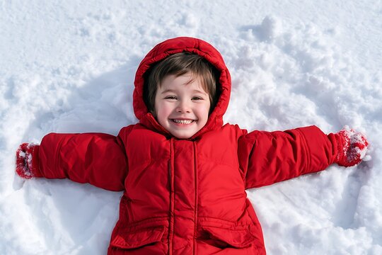 happy child making snow angels on a bright winter day