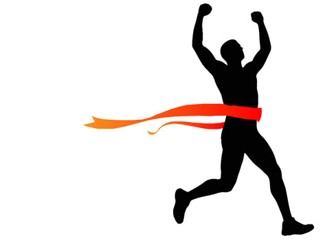 Runner silhouette crossing finish line with red ribbon