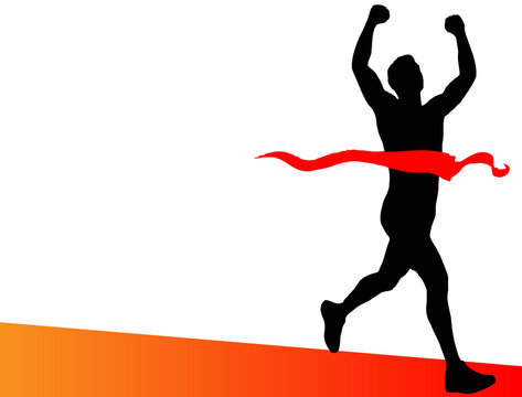 Silhouette of man running and crossing finish line on orange