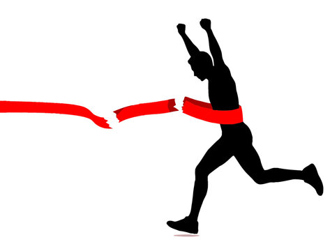 Black silhouette of a runner breaking the red finish line tape