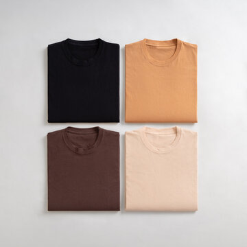 Four folded cotton t-shirts in various shades of brown and beige organized in a clean grid layout against a white background